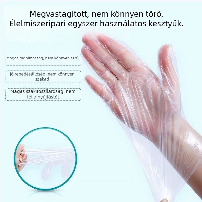 Egyszer használatos PE kesztyűk, élelmiszer-minőségűek, éttermi és kiszállítási felhasználásra, átlátszó, csúszásmentes, 100 db