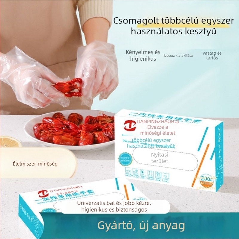 Egyszer használatos PE kesztyűk, élelmiszer-minőségűek, éttermi és kiszállítási felhasználásra, átlátszó, csúszásmentes, 100 db