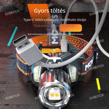Három LED-es fejlámpa kültéri éjszakai horgászathoz, 30W, 360°-os forgás, 500 m+ fénysugár, beépített lítium akkumulátor