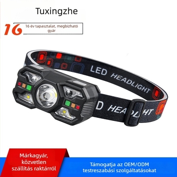 Mozgásérzékelős fejlámpa, 5W LED, 800mAh újratölthető akkumulátor, fényerő 50–100 m, ideális túrázáshoz, kempingezéshez és éjszakai horgászathoz