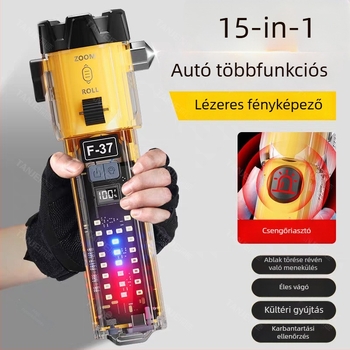 LED+COB zseblámpa, 20W, 3600mAh, USB-C töltés, hosszú hatótáv 200–500m, többfunkciós biztonsági kalapács