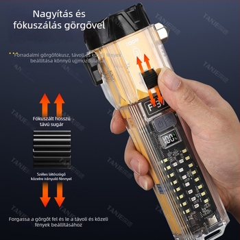 LED+COB zseblámpa, 20W, 3600mAh, USB-C töltés, hosszú hatótáv 200–500m, többfunkciós biztonsági kalapács