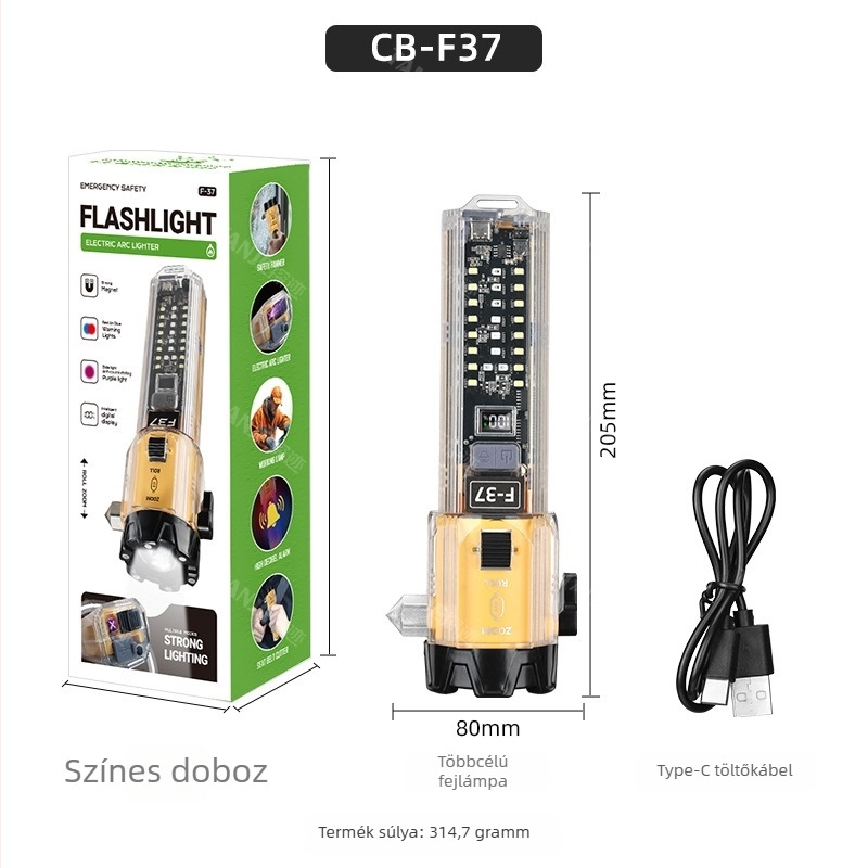 LED+COB zseblámpa, 20W, 3600mAh, USB-C töltés, hosszú hatótáv 200–500m, többfunkciós biztonsági kalapács