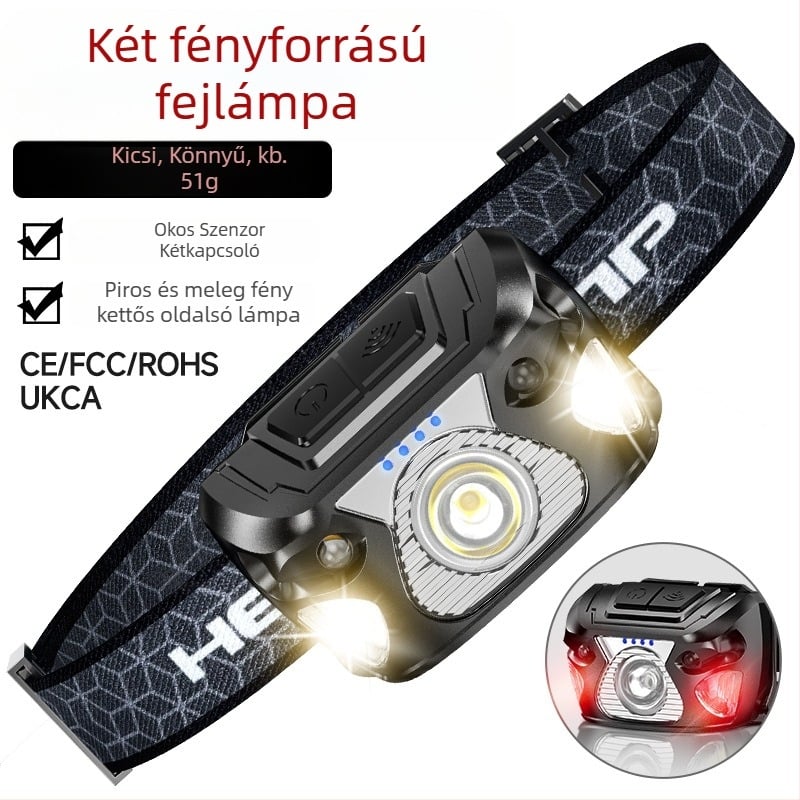 LED fejfény USB-töltéssel, kézi működtetés, hatótávolság 50–100 m