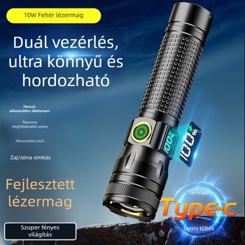 LED zseblámpa alumínium ötvözet testtel, digitális kijelzővel, 10W, 1200mAh akkumulátor, újratölthető