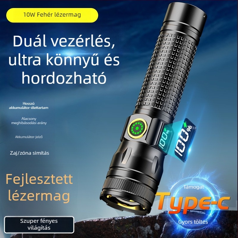 LED zseblámpa alumínium ötvözet testtel, digitális kijelzővel, 10W, 1200mAh akkumulátor, újratölthető