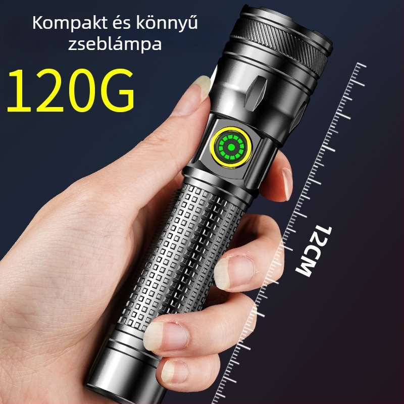 LED zseblámpa alumínium ötvözet testtel, digitális kijelzővel, 10W, 1200mAh akkumulátor, újratölthető