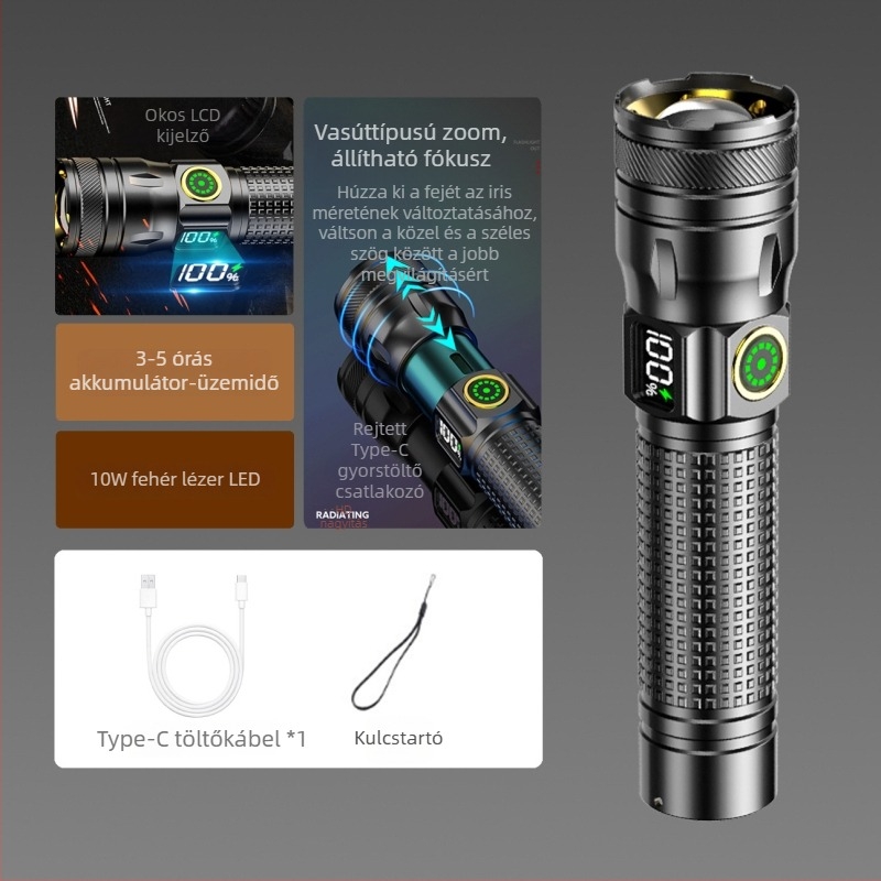 LED zseblámpa alumínium ötvözet testtel, digitális kijelzővel, 10W, 1200mAh akkumulátor, újratölthető