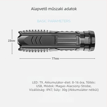 LED zseblámpa, USB töltés, kompakt és hordozható, kézi energia generálás (nyomás), 360° forgás, hatótávolság 200 m
