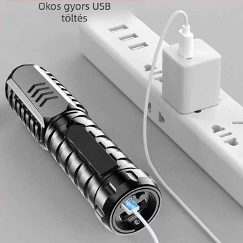 LED zseblámpa, USB töltés, kompakt és hordozható, kézi energia generálás (nyomás), 360° forgás, hatótávolság 200 m