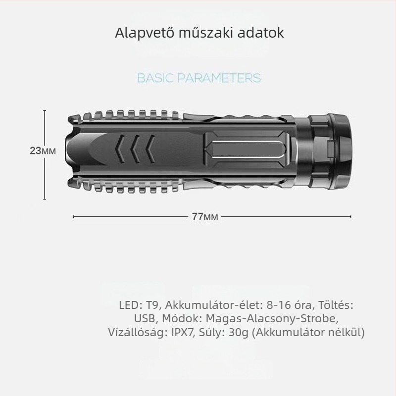 LED zseblámpa, USB töltés, kompakt és hordozható, kézi energia generálás (nyomás), 360° forgás, hatótávolság 200 m