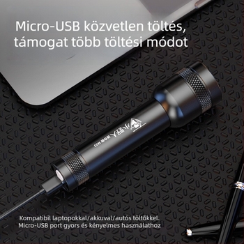 LED újratölthető zseblámpa optikai zoommal, 3W, 1200mAh, kézben hordozható és kompakt