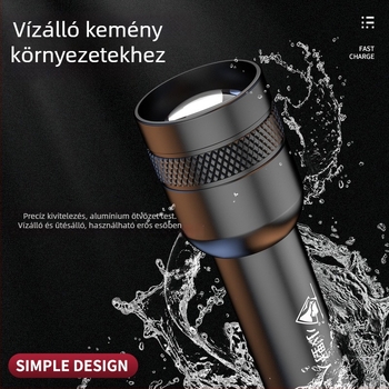 LED újratölthető zseblámpa optikai zoommal, 3W, 1200mAh, kézben hordozható és kompakt