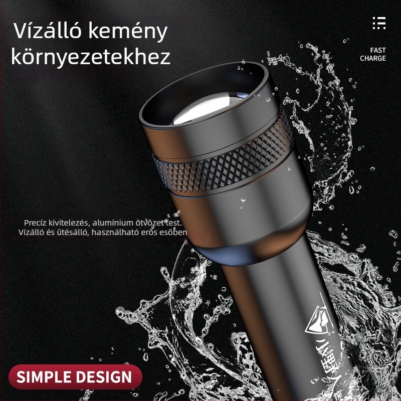 LED újratölthető zseblámpa optikai zoommal, 3W, 1200mAh, kézben hordozható és kompakt