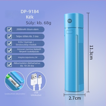 Zseb LED elemlámpa újratölthető 2000 mAh akkumulátorral, 2W teljesítmény, LED fényszóró, töltés, hatótávolság 100–200 m
