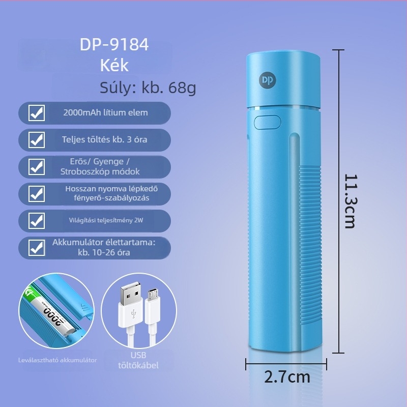Zseb LED elemlámpa újratölthető 2000 mAh akkumulátorral, 2W teljesítmény, LED fényszóró, töltés, hatótávolság 100–200 m