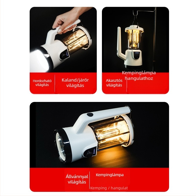 LED hordozható keresőlámpa kempingezéshez – USB töltésű, 3600mAh, ABS test, max hatótáv 200–500 m