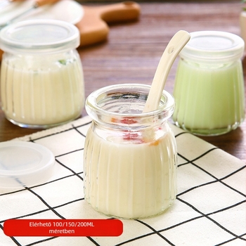 Fedéllel ellátott tejes pohár – hőálló üveg, többrétegű szerkezet, puding, zselé és mousse számára