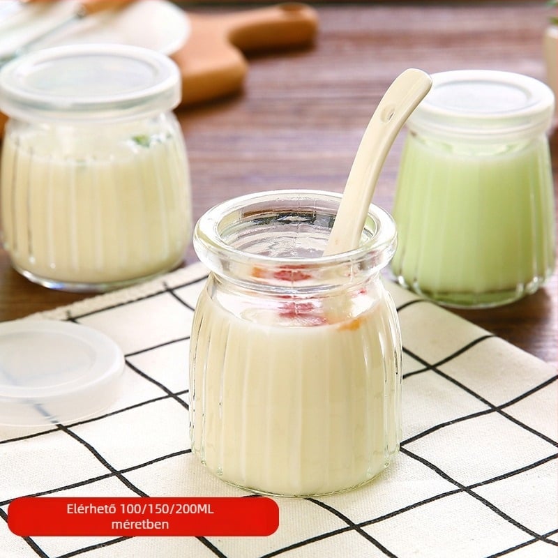 Fedéllel ellátott tejes pohár – hőálló üveg, többrétegű szerkezet, puding, zselé és mousse számára