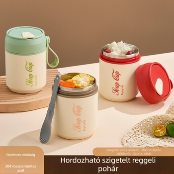 Rozsdamentes acél reggelis pohár fedővel és kanállal, dupla falú szigetelés, kerek hordozható pohár zabpehellyel és tejjel