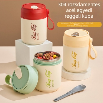 Rozsdamentes acél reggelis pohár fedővel és kanállal, dupla falú szigetelés, kerek hordozható pohár zabpehellyel és tejjel