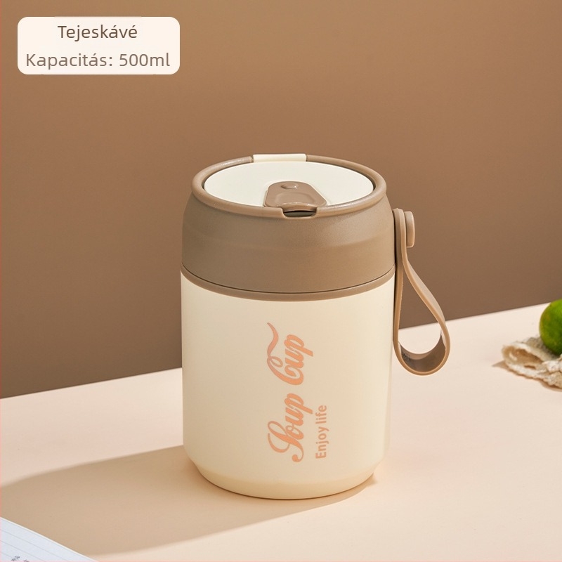 Rozsdamentes acél reggelis pohár fedővel és kanállal, dupla falú szigetelés, kerek hordozható pohár zabpehellyel és tejjel