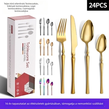 410-es rozsdamentes acélból készült 24 részes étkészlet: 6 kés, 6 villa, 6 evőkanál, 6 desszertkanál; tükrös befejezés, modern minimalista stílus; testreszabás elérhető