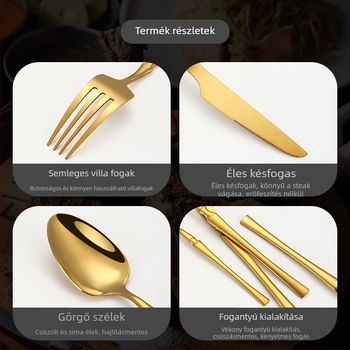 410-es rozsdamentes acélból készült 24 részes étkészlet: 6 kés, 6 villa, 6 evőkanál, 6 desszertkanál; tükrös befejezés, modern minimalista stílus; testreszabás elérhető
