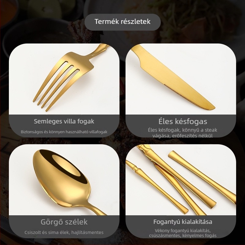 410-es rozsdamentes acélból készült 24 részes étkészlet: 6 kés, 6 villa, 6 evőkanál, 6 desszertkanál; tükrös befejezés, modern minimalista stílus; testreszabás elérhető