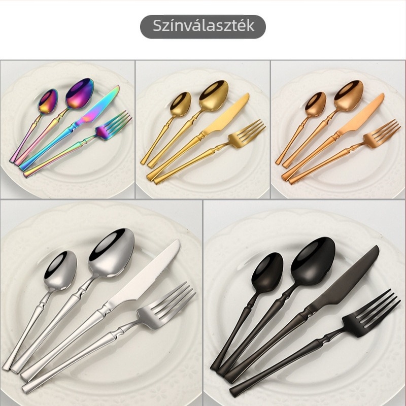 410-es rozsdamentes acélból készült 24 részes étkészlet: 6 kés, 6 villa, 6 evőkanál, 6 desszertkanál; tükrös befejezés, modern minimalista stílus; testreszabás elérhető