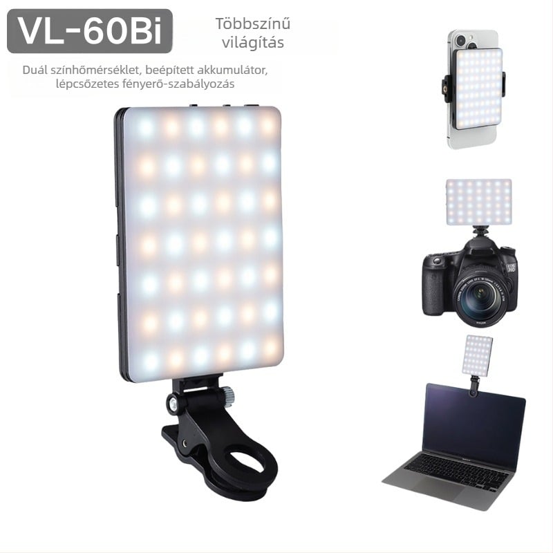 Mini töltőfény telefonhoz — hordozható LED világítás háromszínű lágy fényerővel, beépített akkumulátor, kézi üzemmód, teljesítmény kevesebb, mint 10W, élő közvetítéshez és fényképezéshez