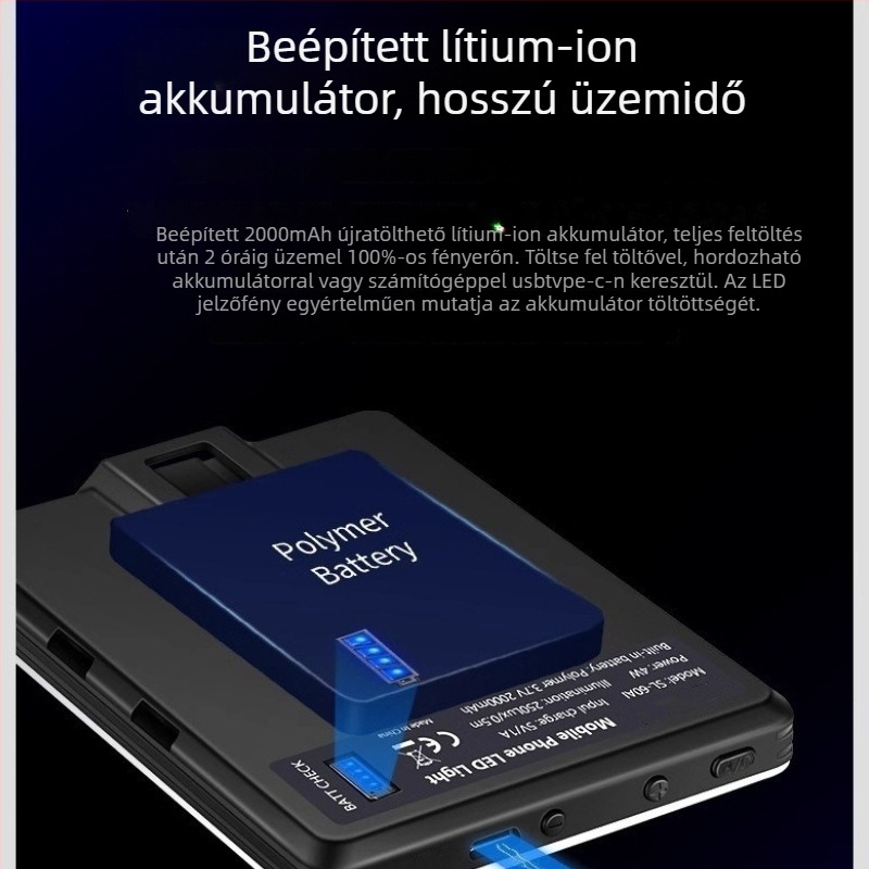 Mini töltőfény telefonhoz — hordozható LED világítás háromszínű lágy fényerővel, beépített akkumulátor, kézi üzemmód, teljesítmény kevesebb, mint 10W, élő közvetítéshez és fényképezéshez