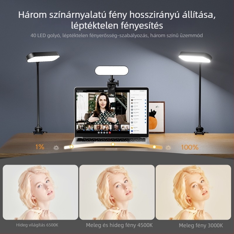 BY04 LED töltőfény számítógéphez — Színhőmérséklet 2500K–9900K, 5V, teljesítmény 10W alatt, beépített 1200mAh akkumulátor