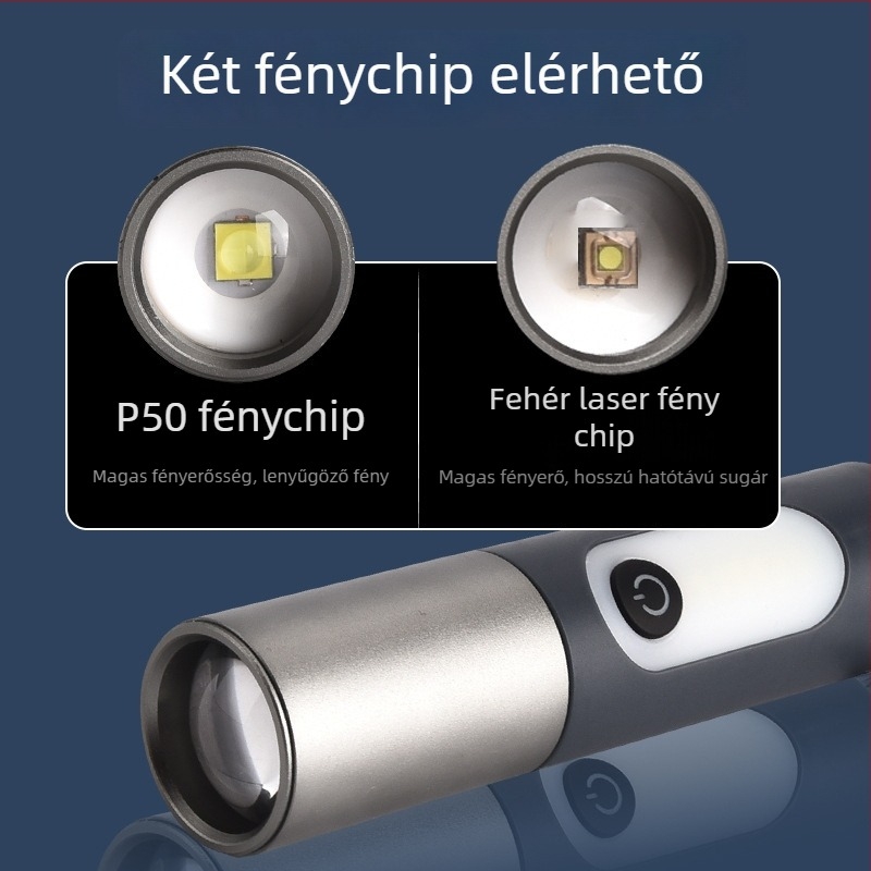 LED elemlámpa alumínium ötvözet testtel, újratölthető, 5W, 1500mAh, hatótáv 100-200 m, többfunkciós, túltöltés elleni védelem