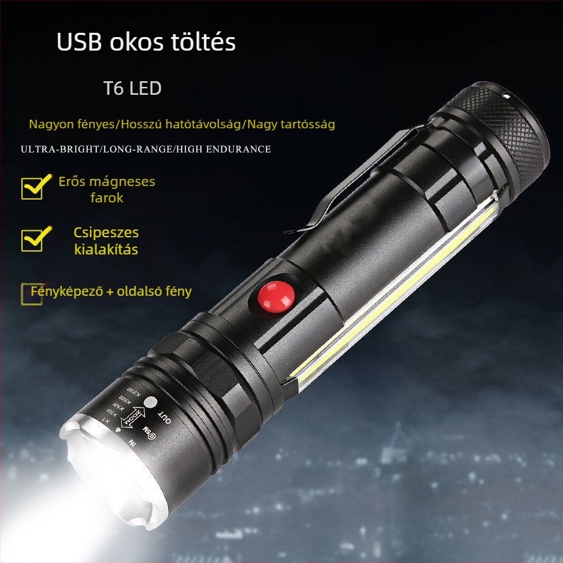Alumíniumötvözetből készült LED zseblámpa T6 zoommal, USB-ról tölthető 7W, fényhossz >500 m, 360°-os forgás, mágneses tolltartó és COB világítás