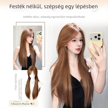 Természetes stílusú paróka, hosszú egyenes haj és ferde frufru, magas hőálló szálú műszál, modell 8484