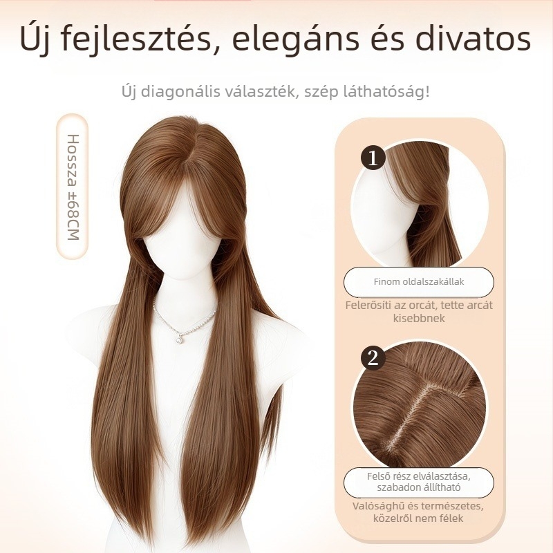 Természetes stílusú paróka, hosszú egyenes haj és ferde frufru, magas hőálló szálú műszál, modell 8484