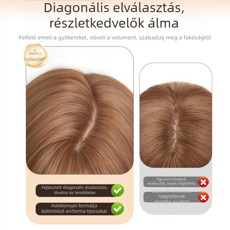 Természetes stílusú paróka, hosszú egyenes haj és ferde frufru, magas hőálló szálú műszál, modell 8484