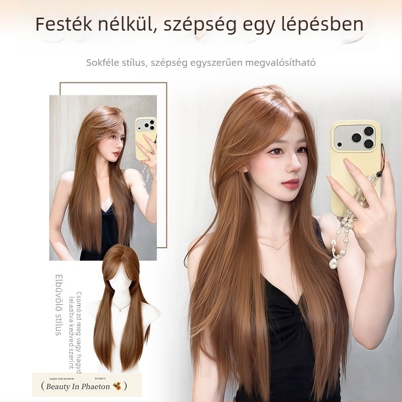 Természetes stílusú paróka, hosszú egyenes haj és ferde frufru, magas hőálló szálú műszál, modell 8484