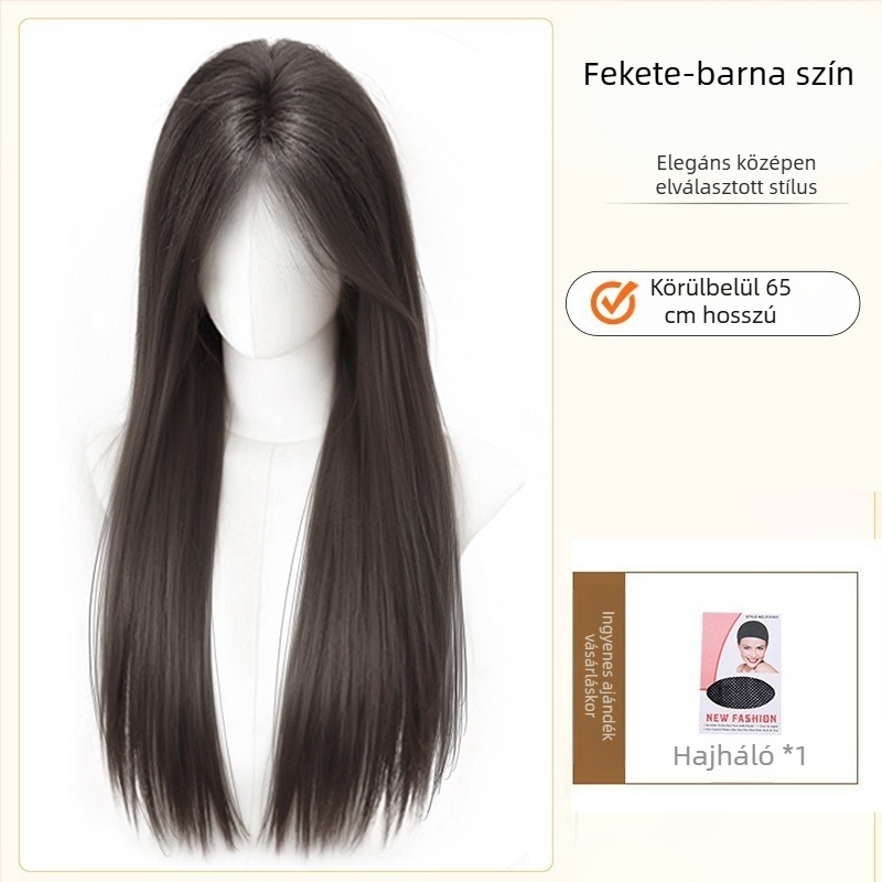 Természetes stílusú paróka, hosszú egyenes haj és ferde frufru, magas hőálló szálú műszál, modell 8484