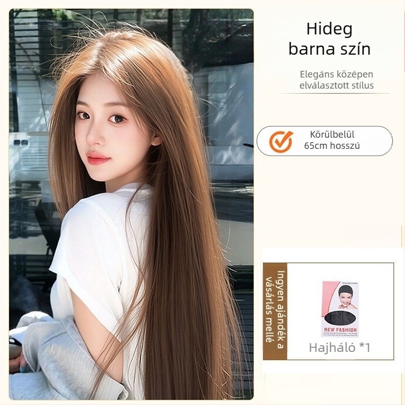 Természetes stílusú paróka, hosszú egyenes haj és ferde frufru, magas hőálló szálú műszál, modell 8484