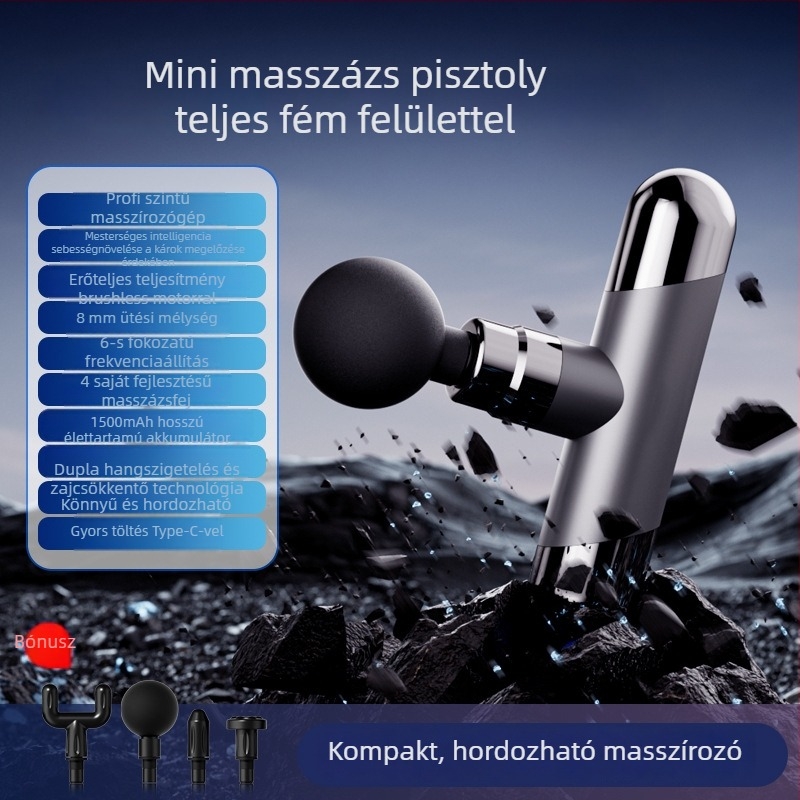 Mini hordozható professzionális masszázspisztoly beépített akkumulátorral, 4 fej, 5+ sebesség, kefés motor, zaj 36–45 dB