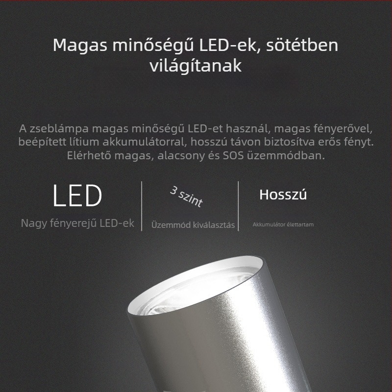Hordozható LED elemlámpa, test alumíniumötvözet, tölthető, ultra vékony, túltöltés elleni védelem