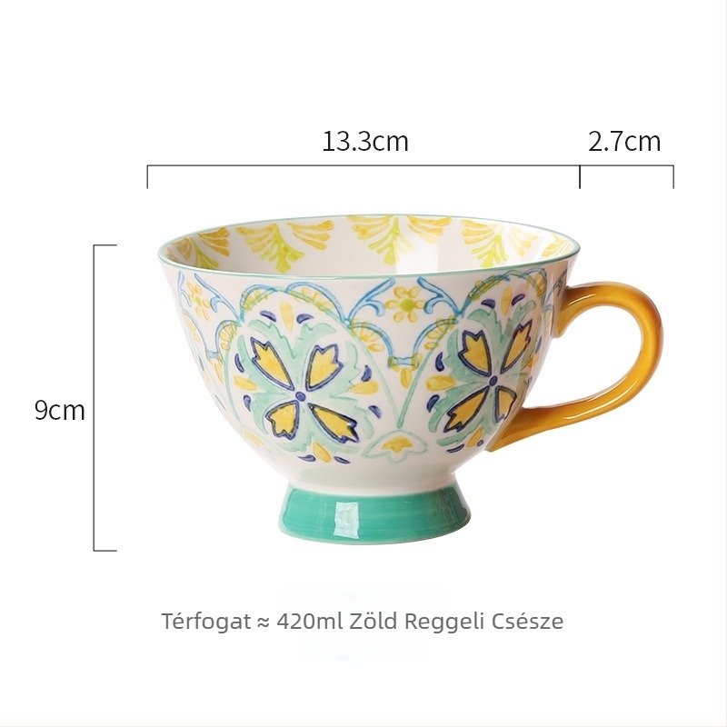 Kerámiabögre, kerek formájú, könnyed luxus stílus, virágos mintázat, mikrohullámú sütőben használható