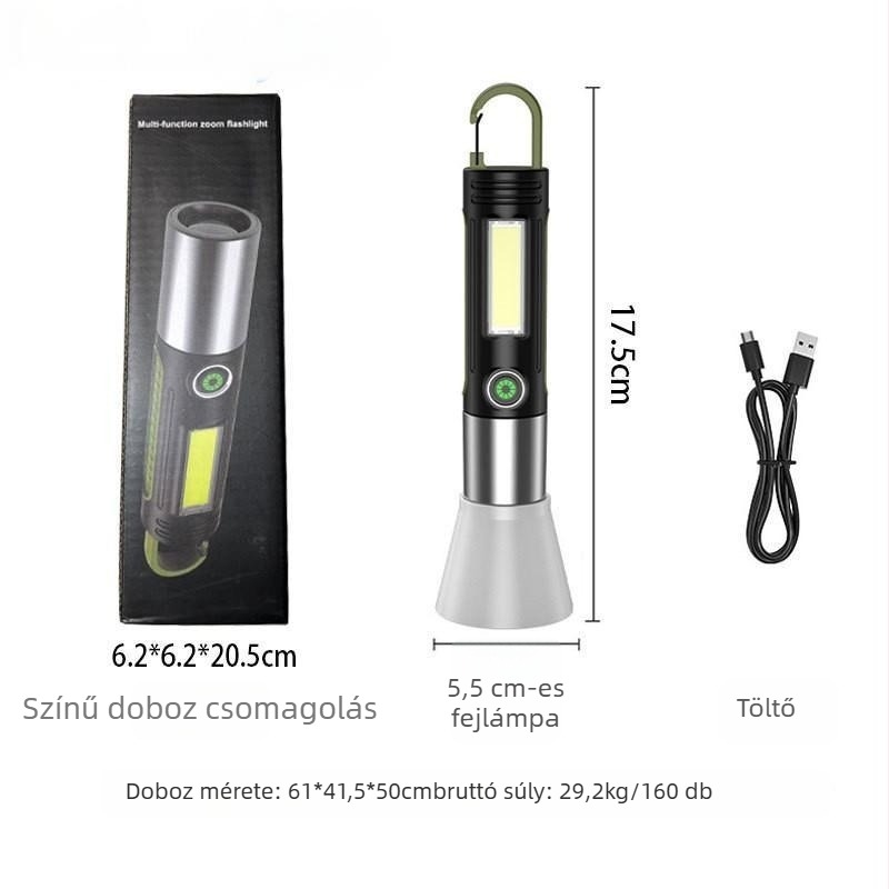 Újratölthető LED elemlámpa, 800 mAh, 3,7 V, ABS tokozás, max 200–500 m hatótávolság, 360° forgatható fej