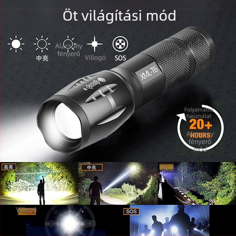 LED kézi zseblámpa vízálló zoom funkcióval, többfunkciós a kültéri és búvárkodás számára, 10W, akkumulátor: 3xAAA vagy 1x18650