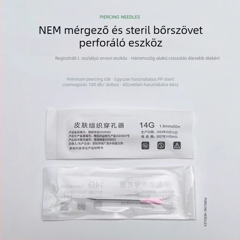 Egyszer használatos piercing tűkészlet bőrfelületek átszúrásához (fül, nyelv, ajak) bevont tűkkel; Márka Tai Mei; Nettó tartalom 150 g; Eredet Egyéb; Gyártó Henan Taimei