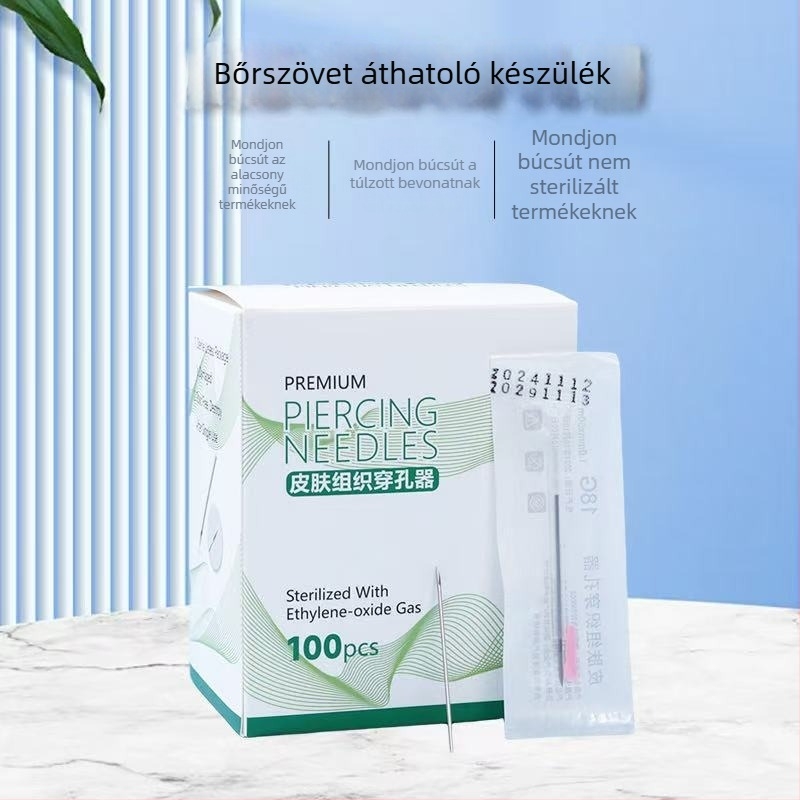 Egyszer használatos piercing tűkészlet bőrfelületek átszúrásához (fül, nyelv, ajak) bevont tűkkel; Márka Tai Mei; Nettó tartalom 150 g; Eredet Egyéb; Gyártó Henan Taimei