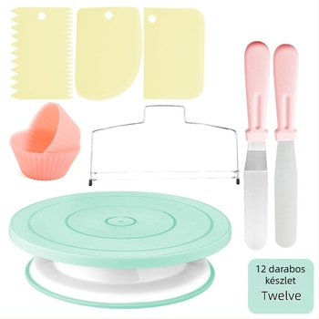 Készlet torták díszítésére forgó tortatálal – rozsdamentes acélból, szabálytalan formájú; 207 darabos készlet, tartalmaz dekoráló csövek, tasakok, spatulák és muffinsütő formák; márka qiao; 2025-ben debütált