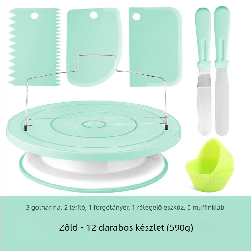 Készlet torták díszítésére forgó tortatálal – rozsdamentes acélból, szabálytalan formájú; 207 darabos készlet, tartalmaz dekoráló csövek, tasakok, spatulák és muffinsütő formák; márka qiao; 2025-ben debütált